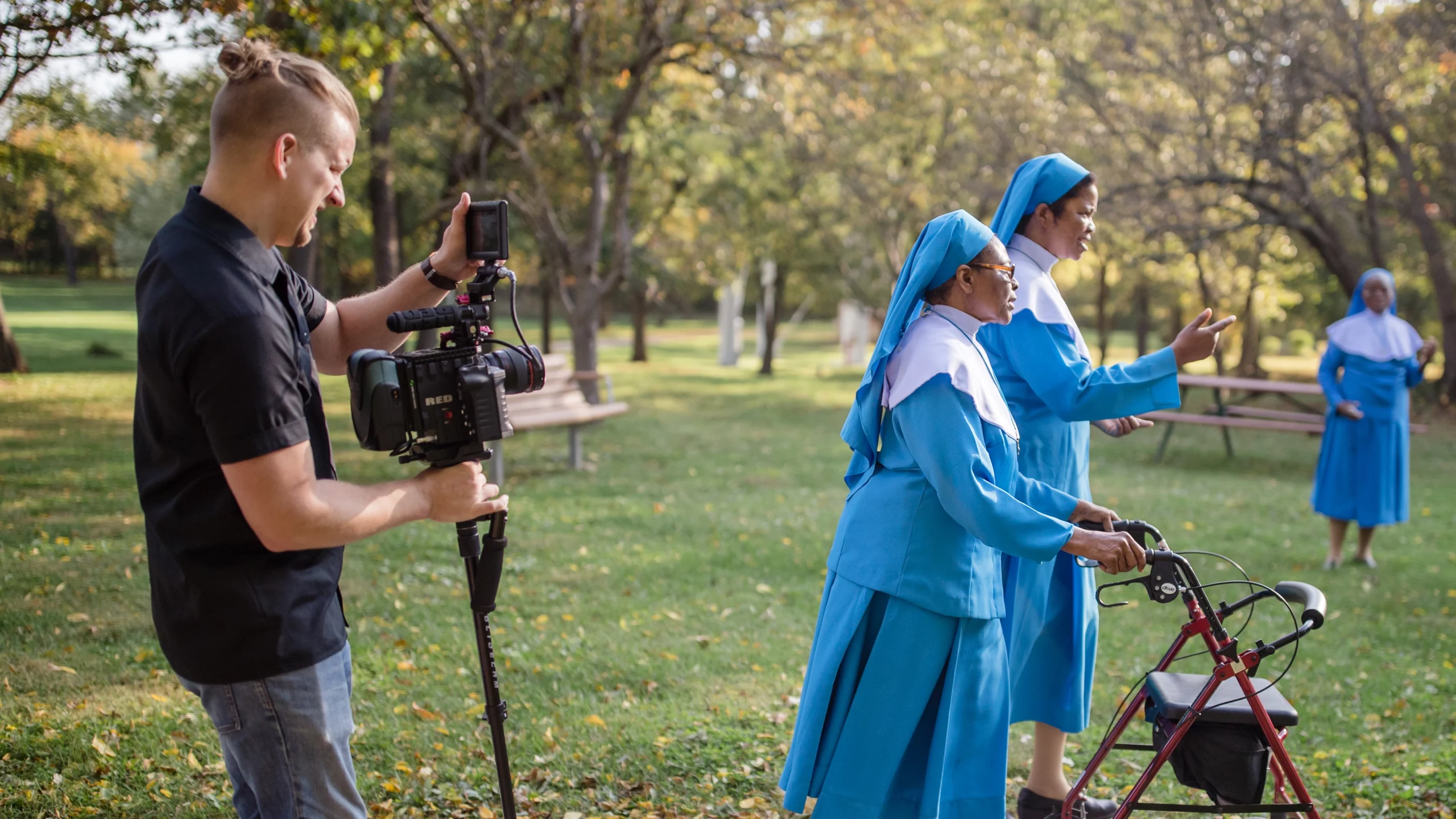 Nuns from the Daughters of Divine Love Foundation are filmed during a fundraising mission film shoot, documenting their charitable work and mission-driven storytelling.